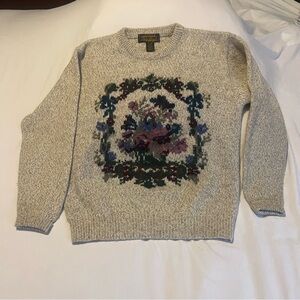 Vintage 1989 Eddie Bauer Heathered Knit Sweater in Oatmeal Floral Design Size M